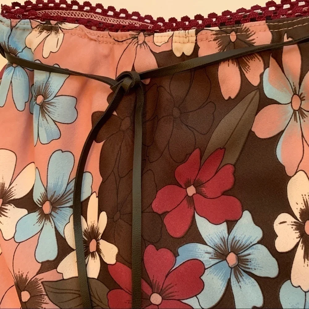 PANTOLOGY  Belted Floral print skirt rose burgundy brown blue fall spring summer - Picture 7 of 9